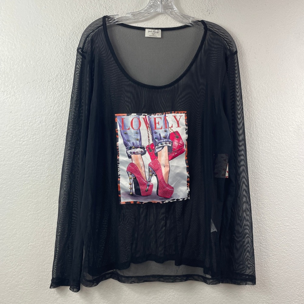 Free‎ Kisses Plus 3X Black Sheer Mesh Graphic Studded Long Sleeve Top FK0501X